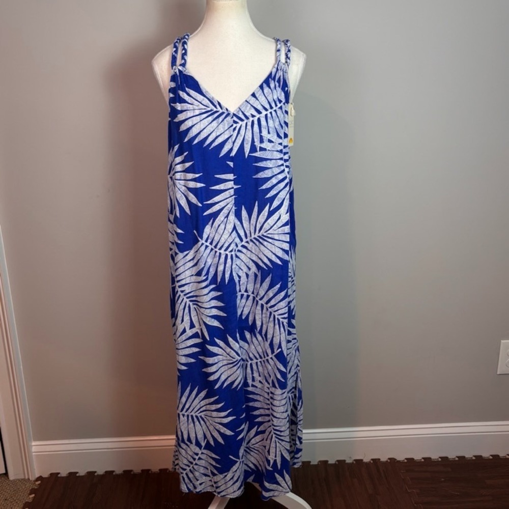C&C Blue White Womens LInen Blend Summer Maxi Dress Large Resort wear Summer NWT